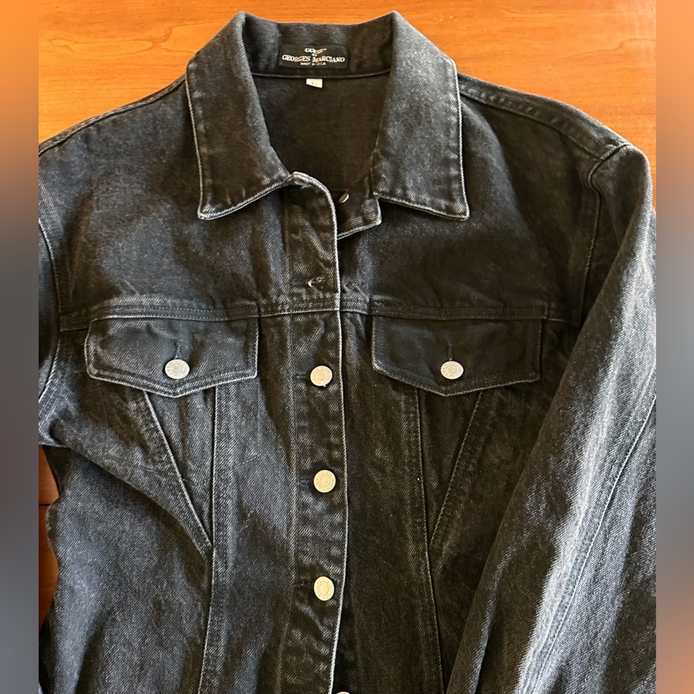 90s GUESS Georges Marciano Vintage Denim Shirt Dress Black Button Front Large - Picture 6 of 10